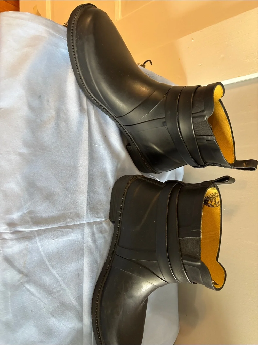 Joules Black Chelsea-Style Rain Boots with Yellow Pattern Lining